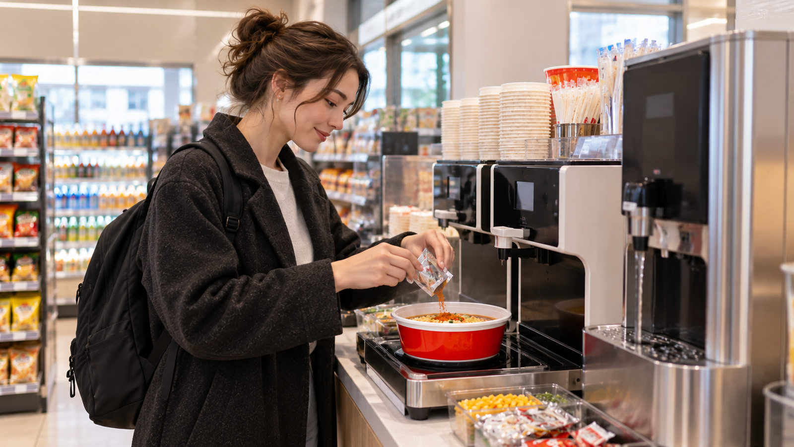Traveler preparing ramyeon at a convenience store self-service cooking station.