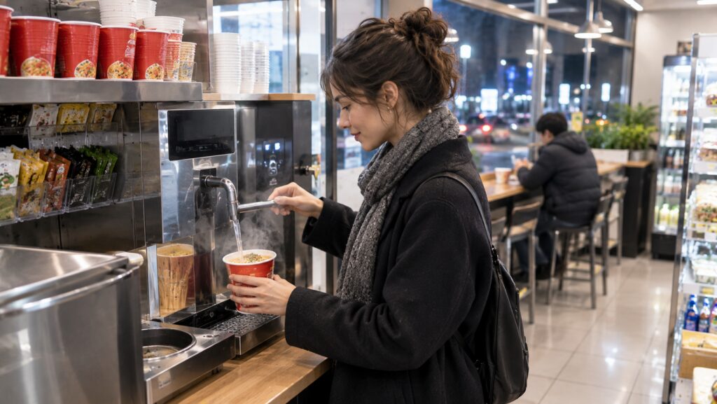 Customer preparing instant ramyeon at a Korean convenience store food station