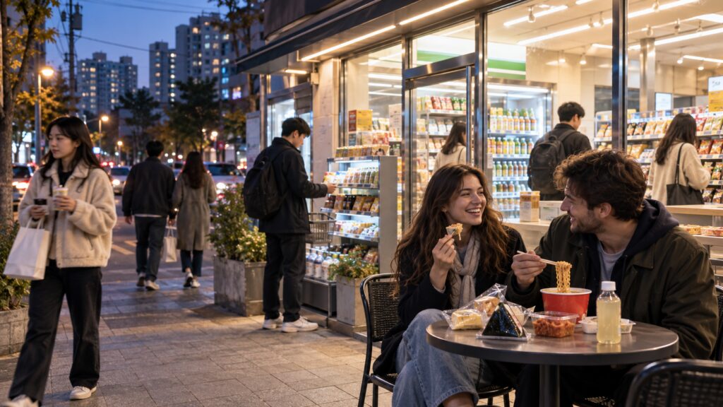 Local residents and travelers outside a neighborhood Korean convenience store in the evening