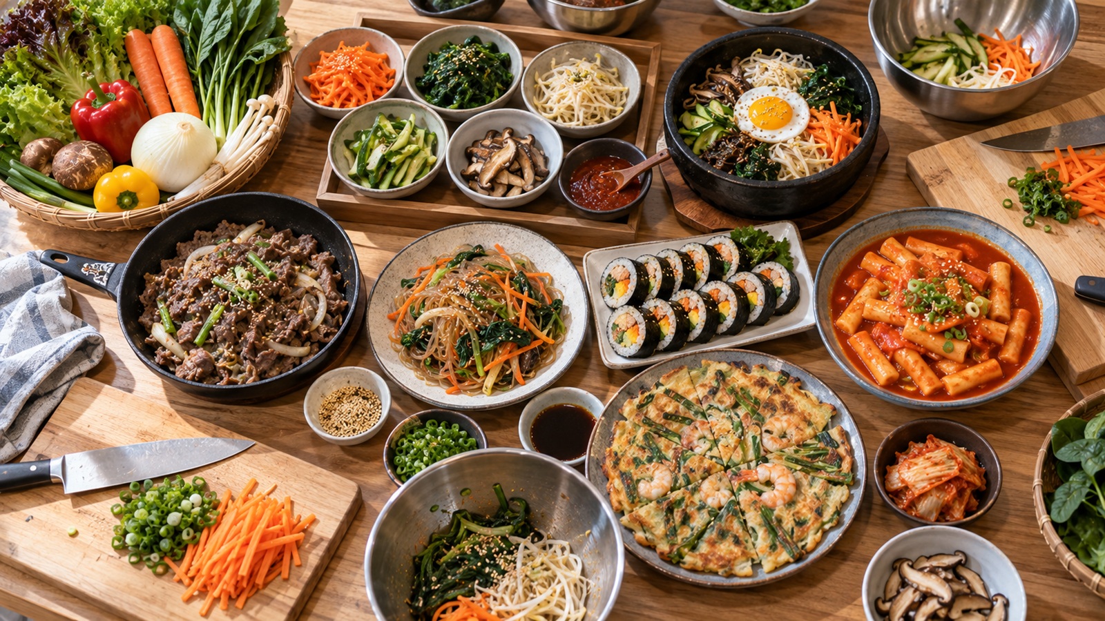 Korean dishes and ingredients commonly featured in Seoul cooking experiences