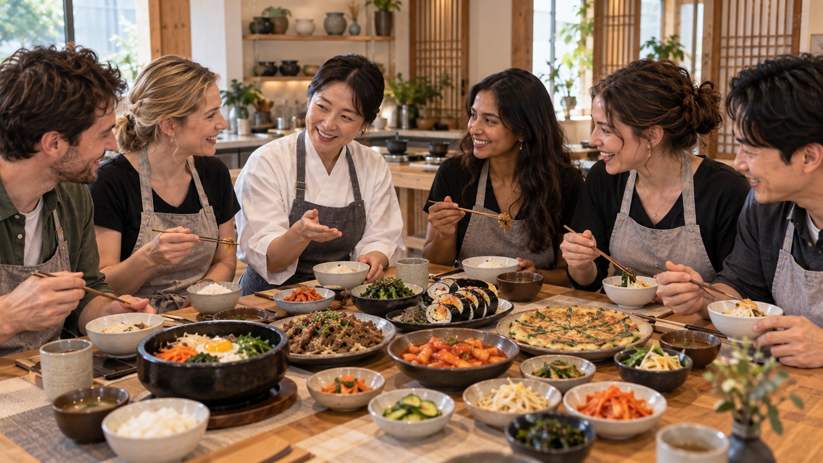 Travelers sharing the Korean meal they prepared during a Seoul cooking class