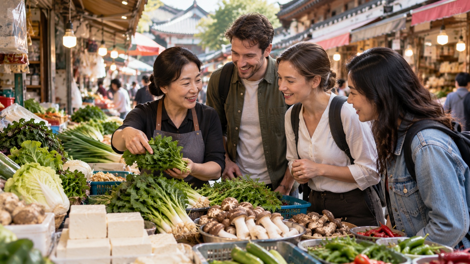 Travelers exploring Korean ingredients during a Seoul market cooking tour
