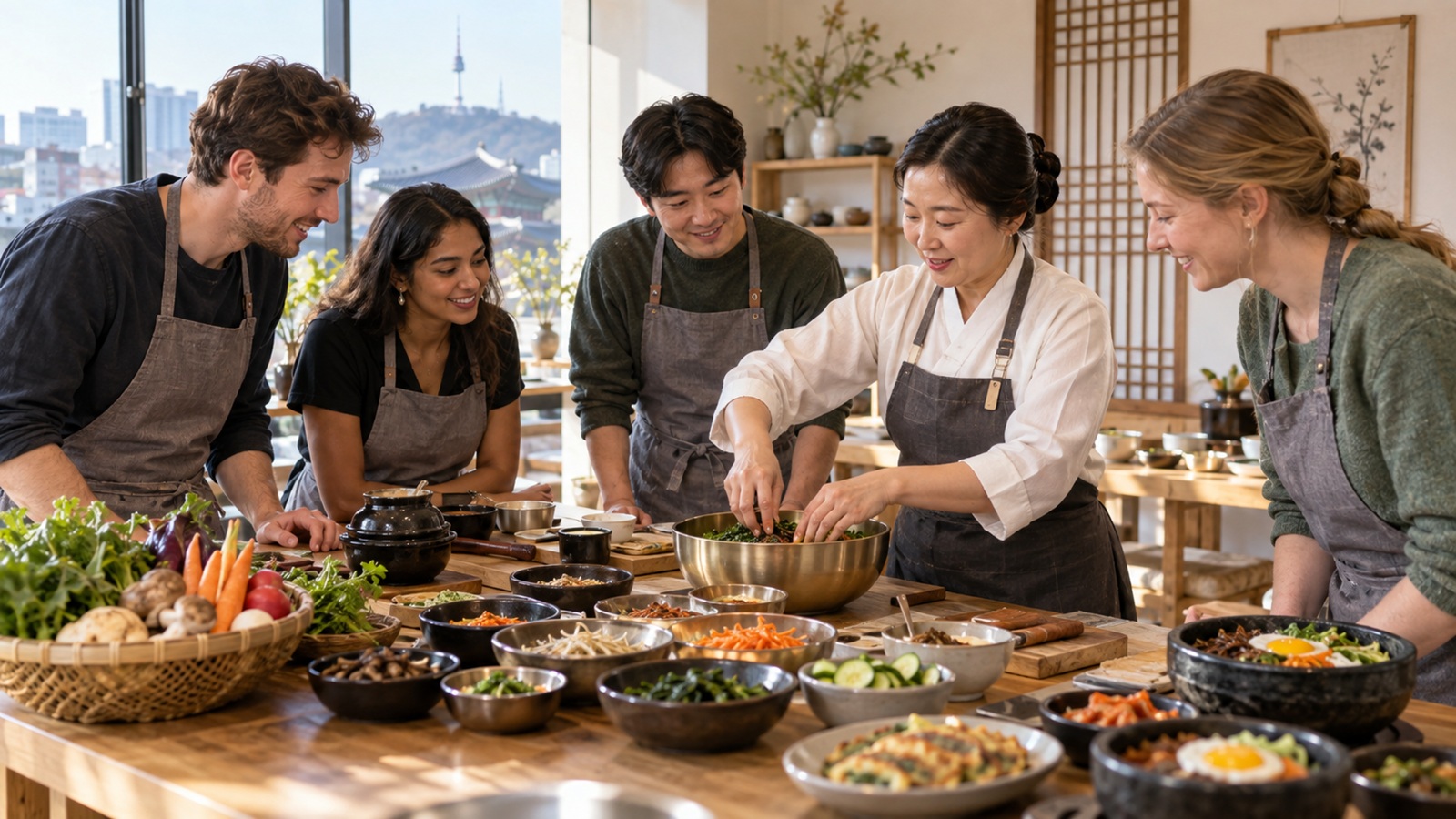 International travelers learning to cook Korean food in a Seoul cooking class
