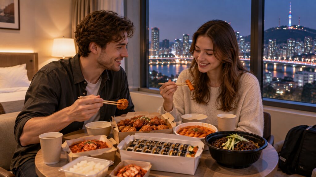Travelers enjoying Korean delivery food after sightseeing in Seoul