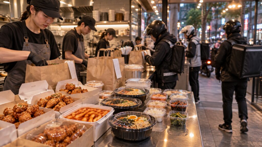 Korean food orders prepared for evening delivery in Seoul