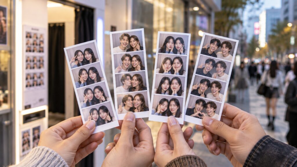 Four-cut photo strips showing friends posing at a Korean self-photo booth