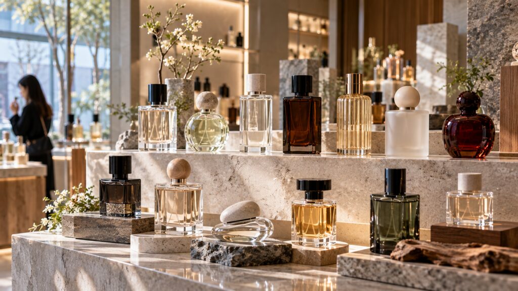 A display representing the variety of contemporary Korean fragrance brands