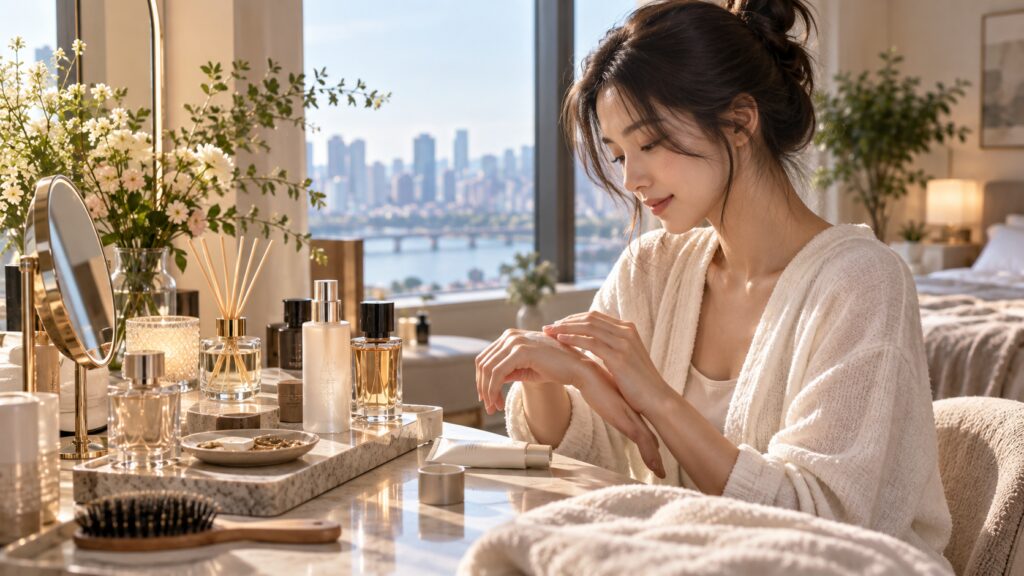 Perfume, hand cream and scented products in a Korean daily beauty routine