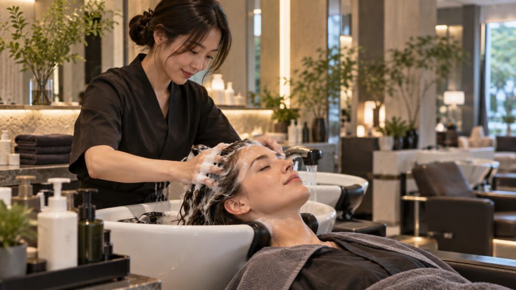 Scalp cleansing and shampoo stage of a Korean head spa