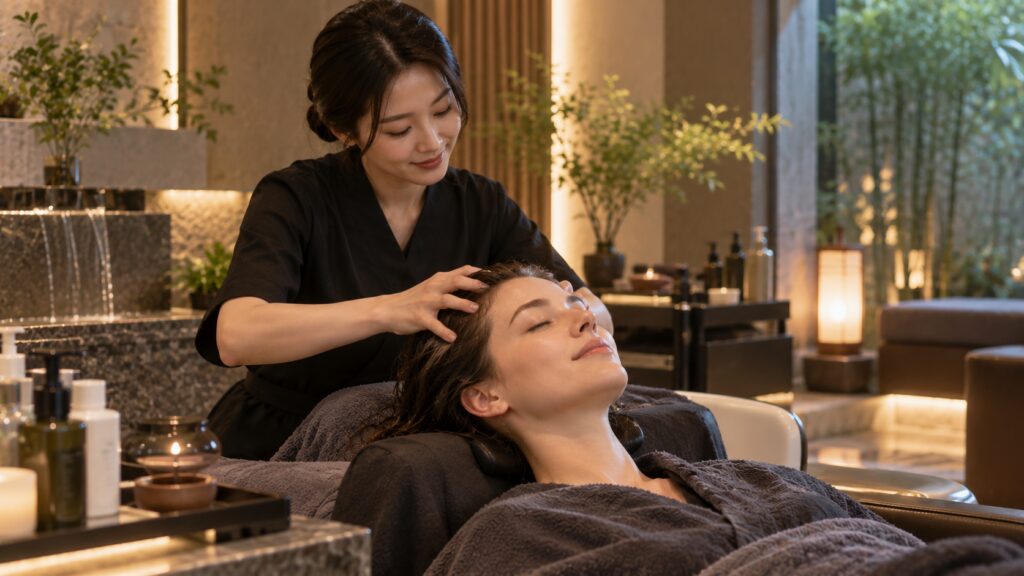 Relaxing scalp massage during a Korean head spa experience