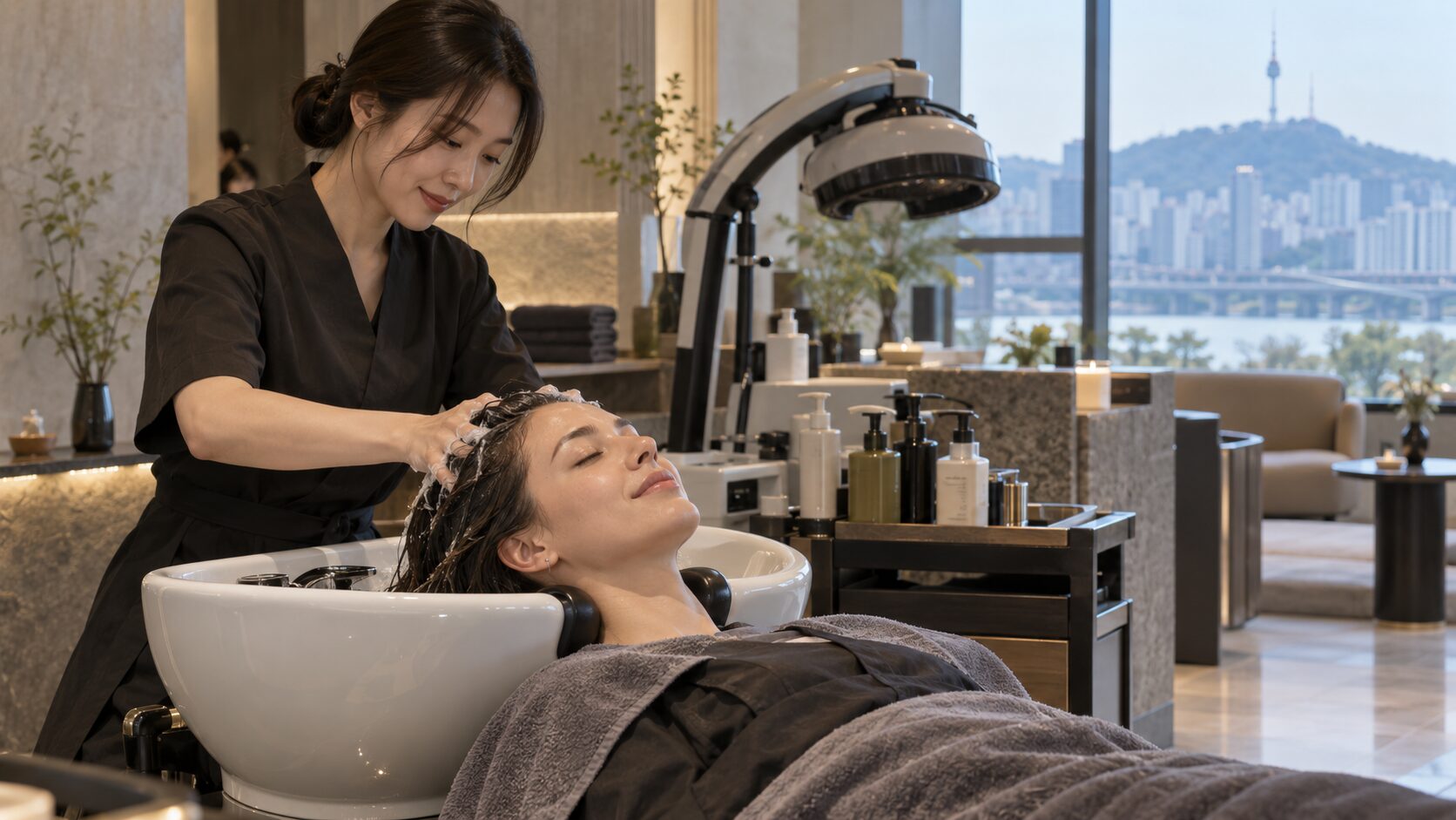 Traveler receiving a Korean head spa treatment at a modern salon in Seoul