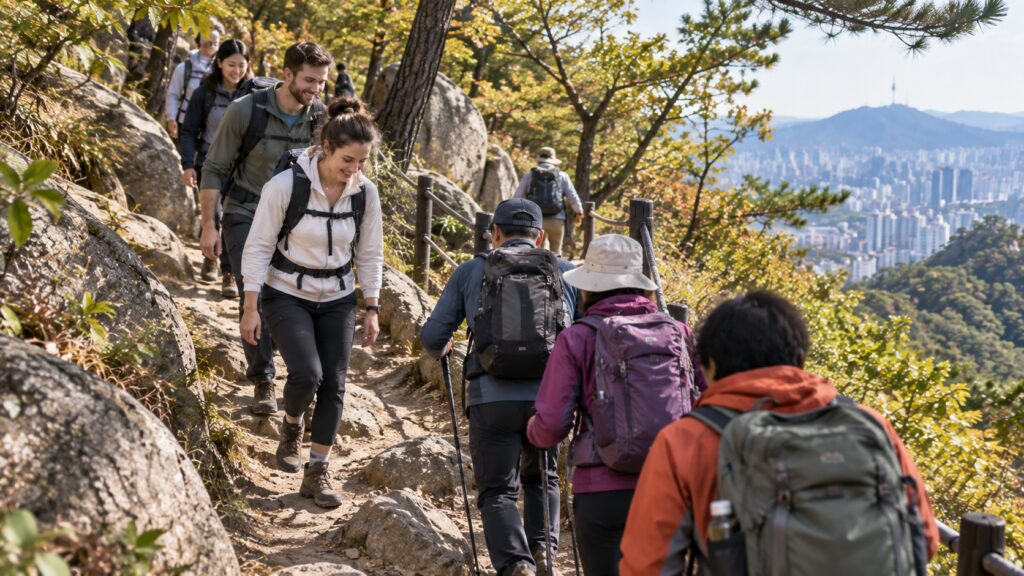 Korean and international hikers sharing a mountain trail in Seoul