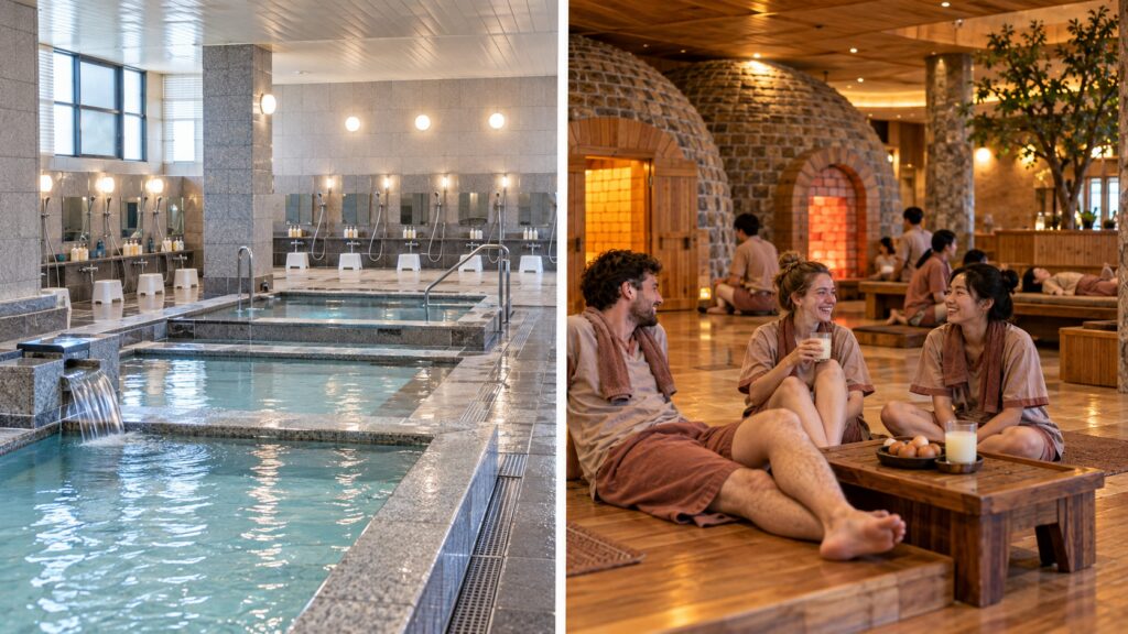 Difference between a Korean jjimjilbang bath area and clothed communal sauna area