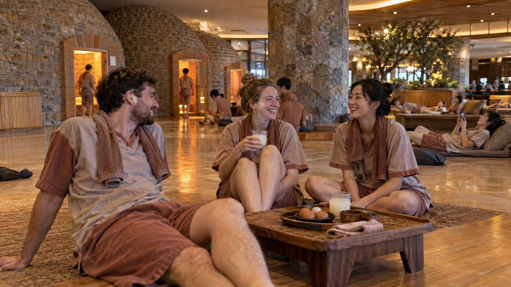 International travelers relaxing in the communal area of a Korean jjimjilbang
