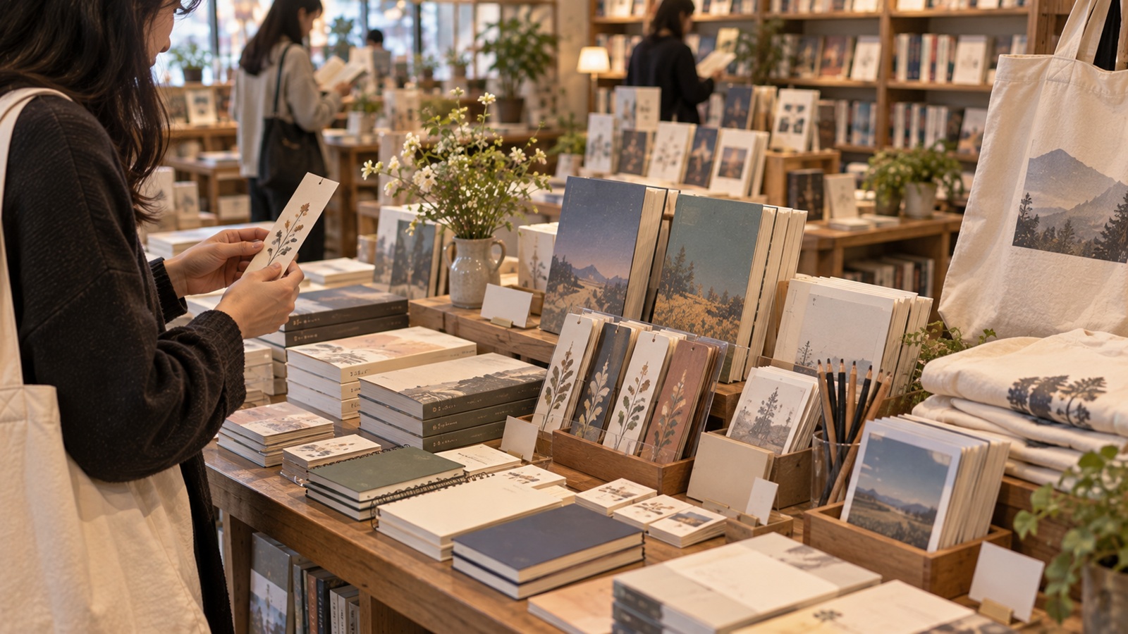 Books, bookmarks, notebooks and literary goods displayed in a Korean bookstore