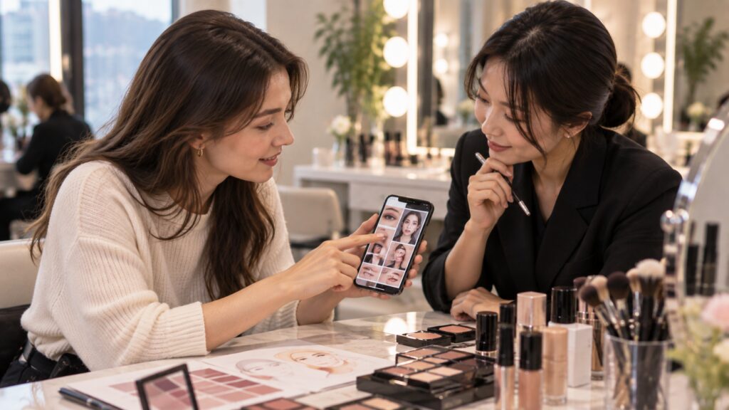 Traveler discussing makeup reference images with a makeup artist in Seoul