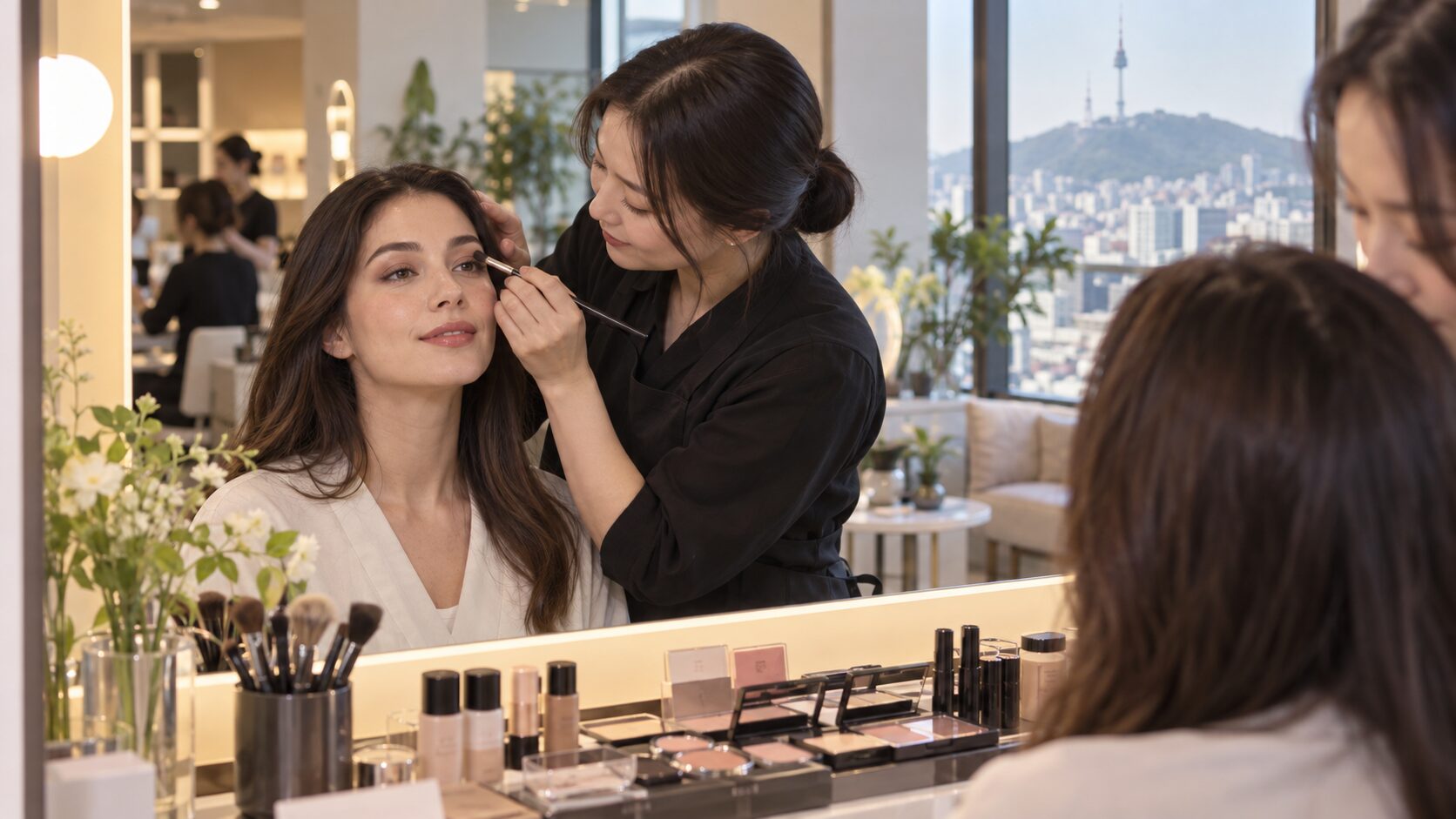 Traveler receiving a Korean makeup experience at a beauty studio in Seoul