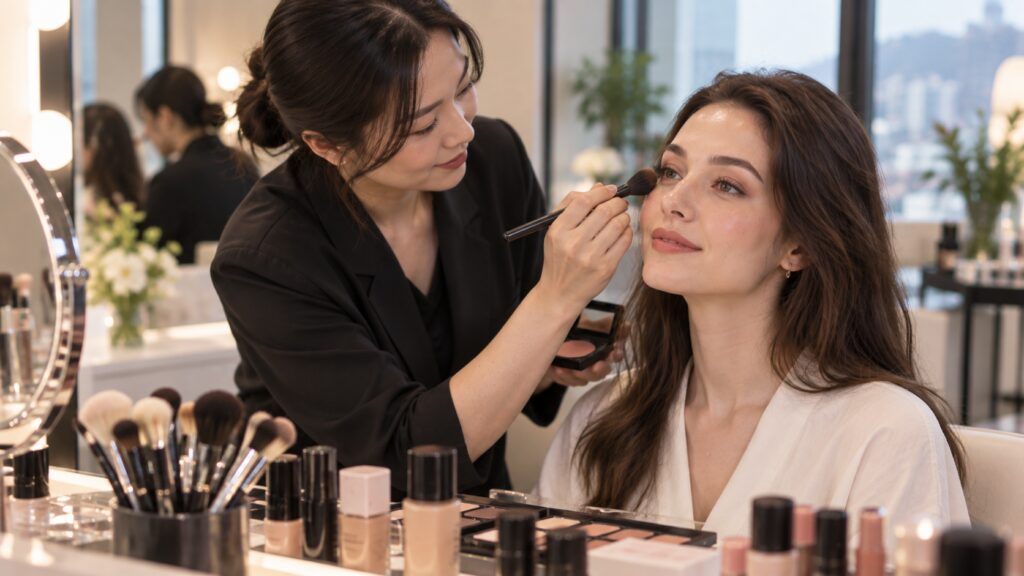 Makeup artist applying a contemporary Korean makeup look in a Seoul studio