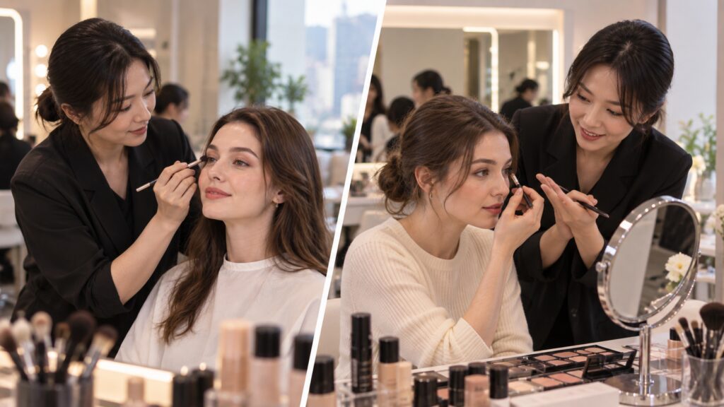 Professional Korean makeup session compared with a hands-on makeup lesson