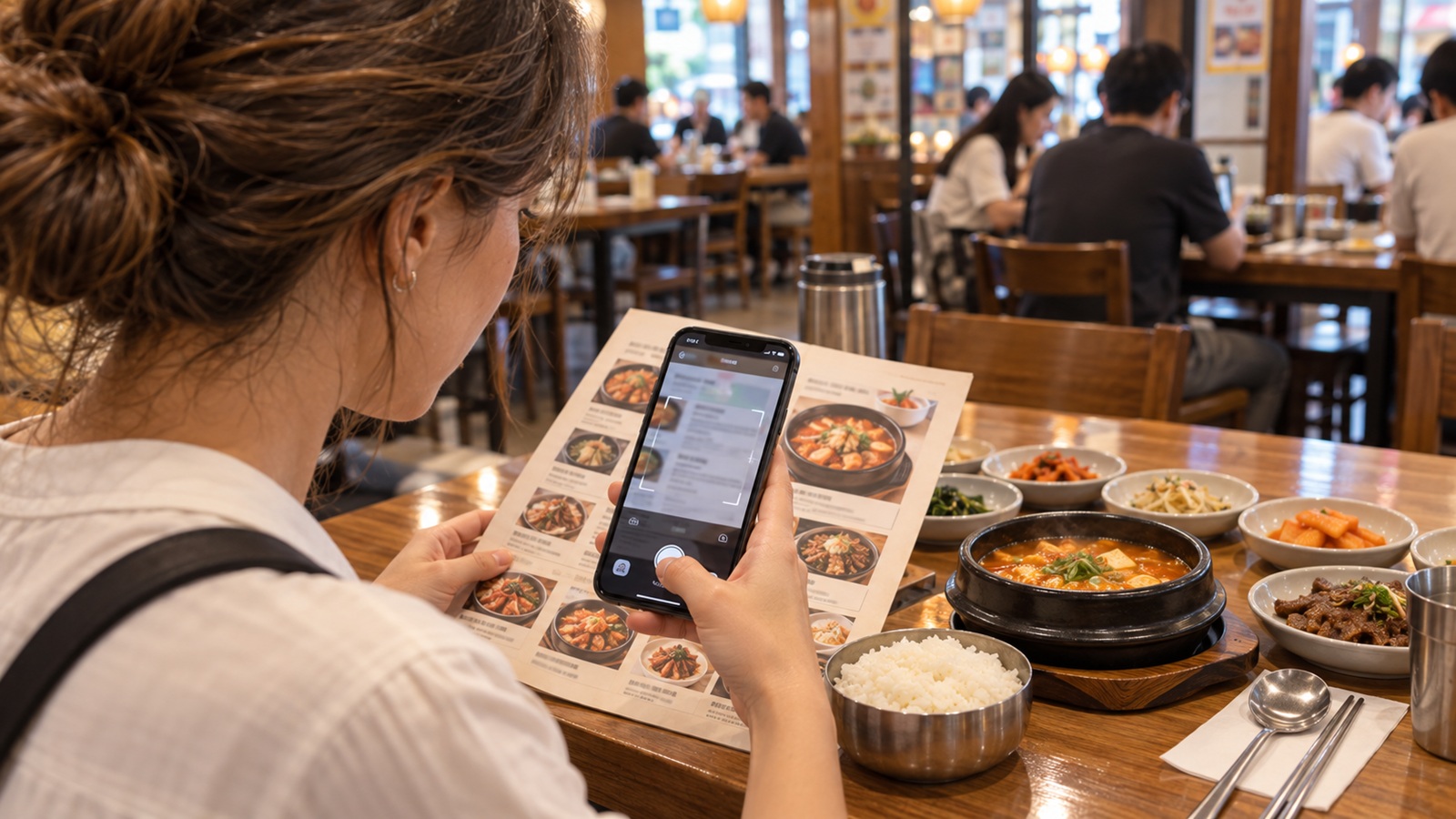 Traveler using a smartphone to translate a Korean restaurant menu