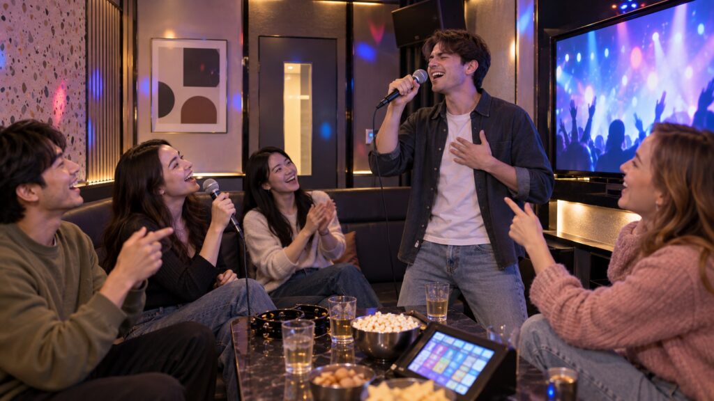 Korean and international friends taking turns singing in a Seoul noraebang