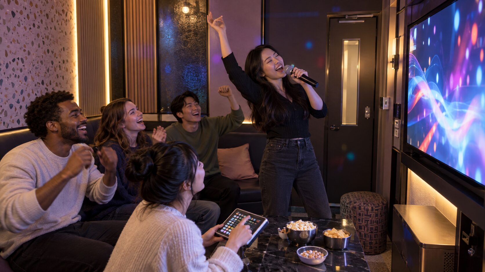 Friends singing together in a private Korean noraebang karaoke room