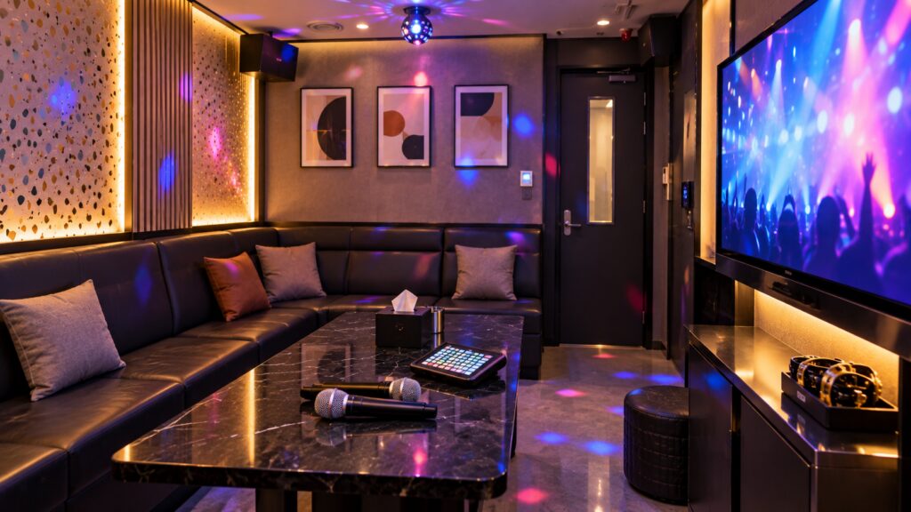 Private Korean noraebang room with microphones and karaoke screen