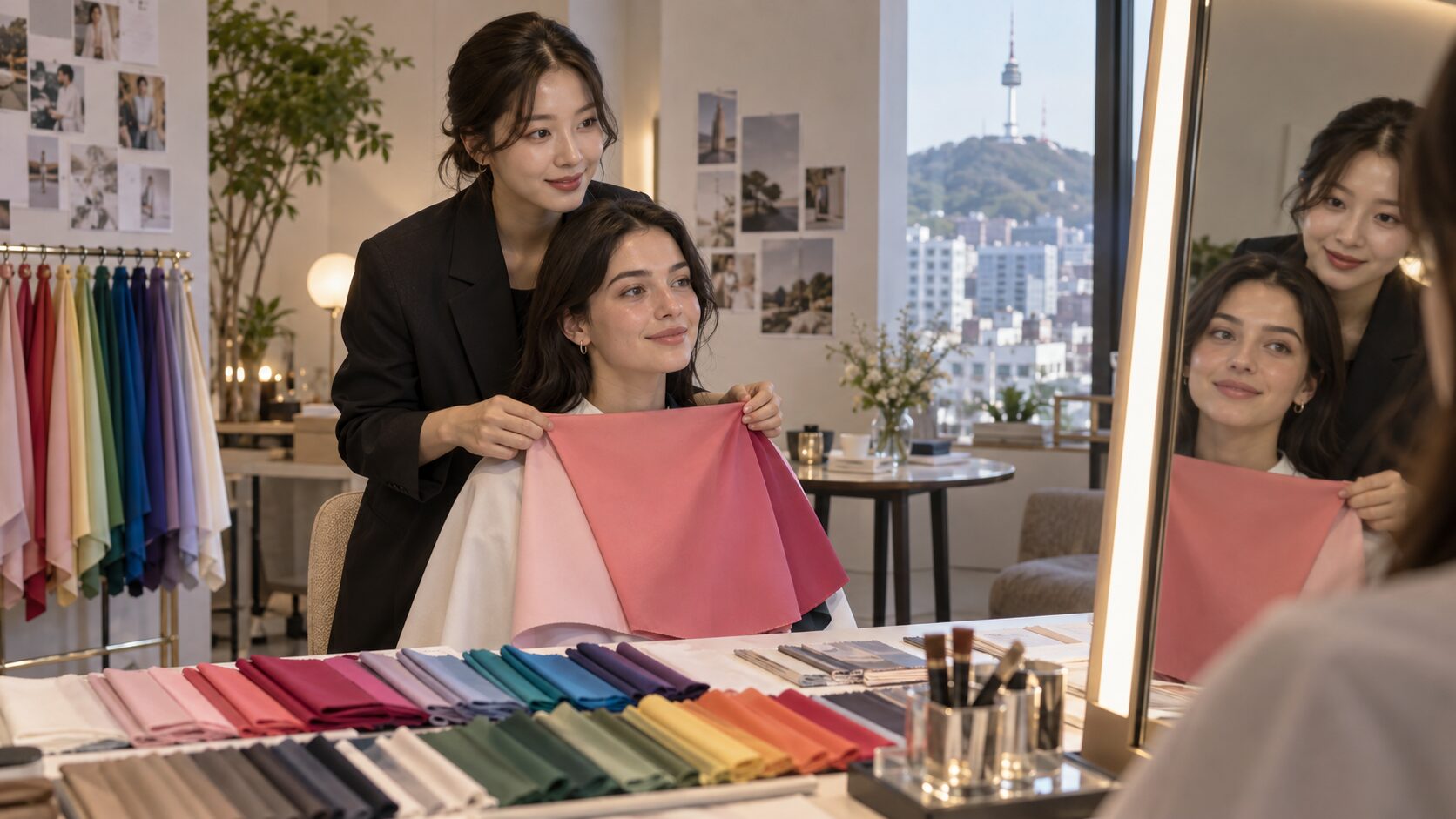 Traveler receiving a Korean personal color analysis with color drapes in a Seoul studio