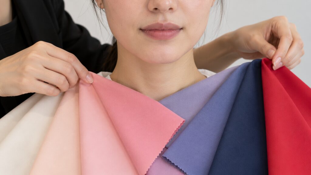Color consultant comparing fabric drapes during a personal color analysis in Seoul