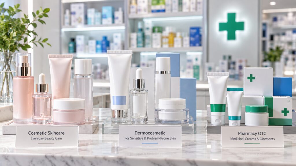 Difference between cosmetics dermocosmetics and OTC products in Korean pharmacies