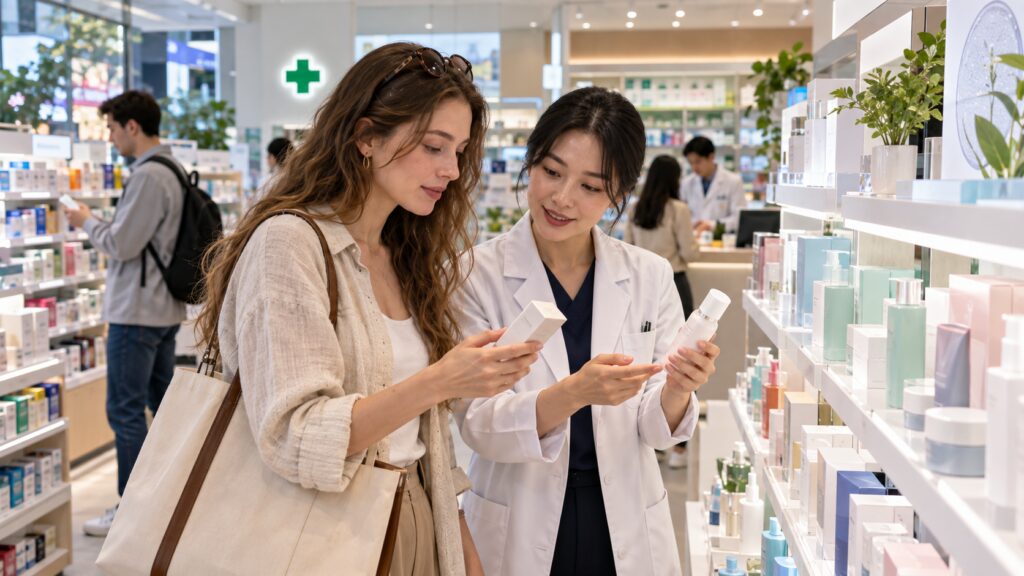 International traveler browsing skincare products inside a modern Korean pharmacy in Seoul