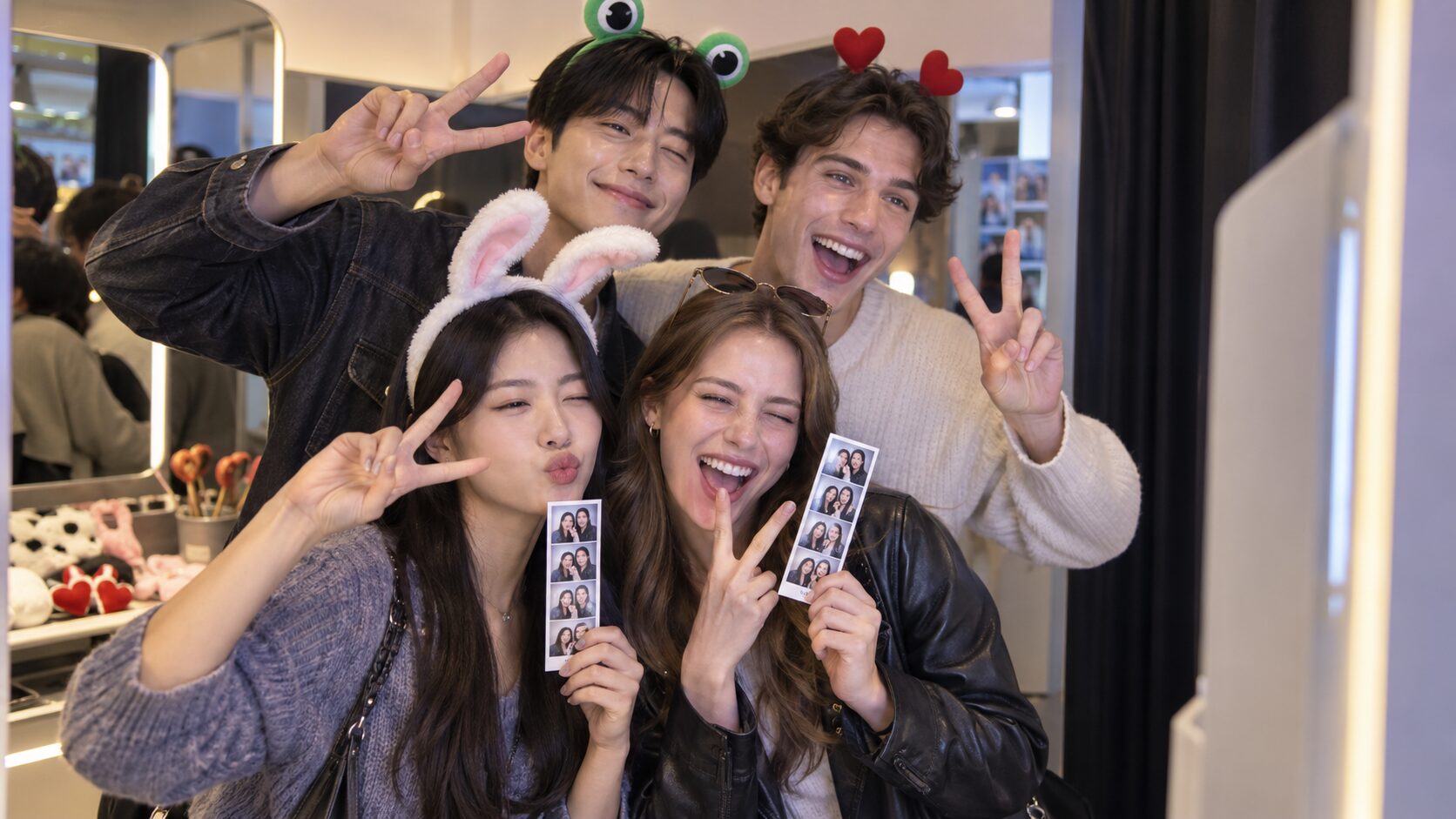Friends taking four-cut photos together at a self-service photo booth in Seoul