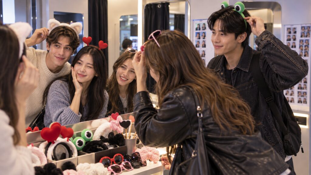Friends using mirrors and props before taking photos at a Korean self-photo studio