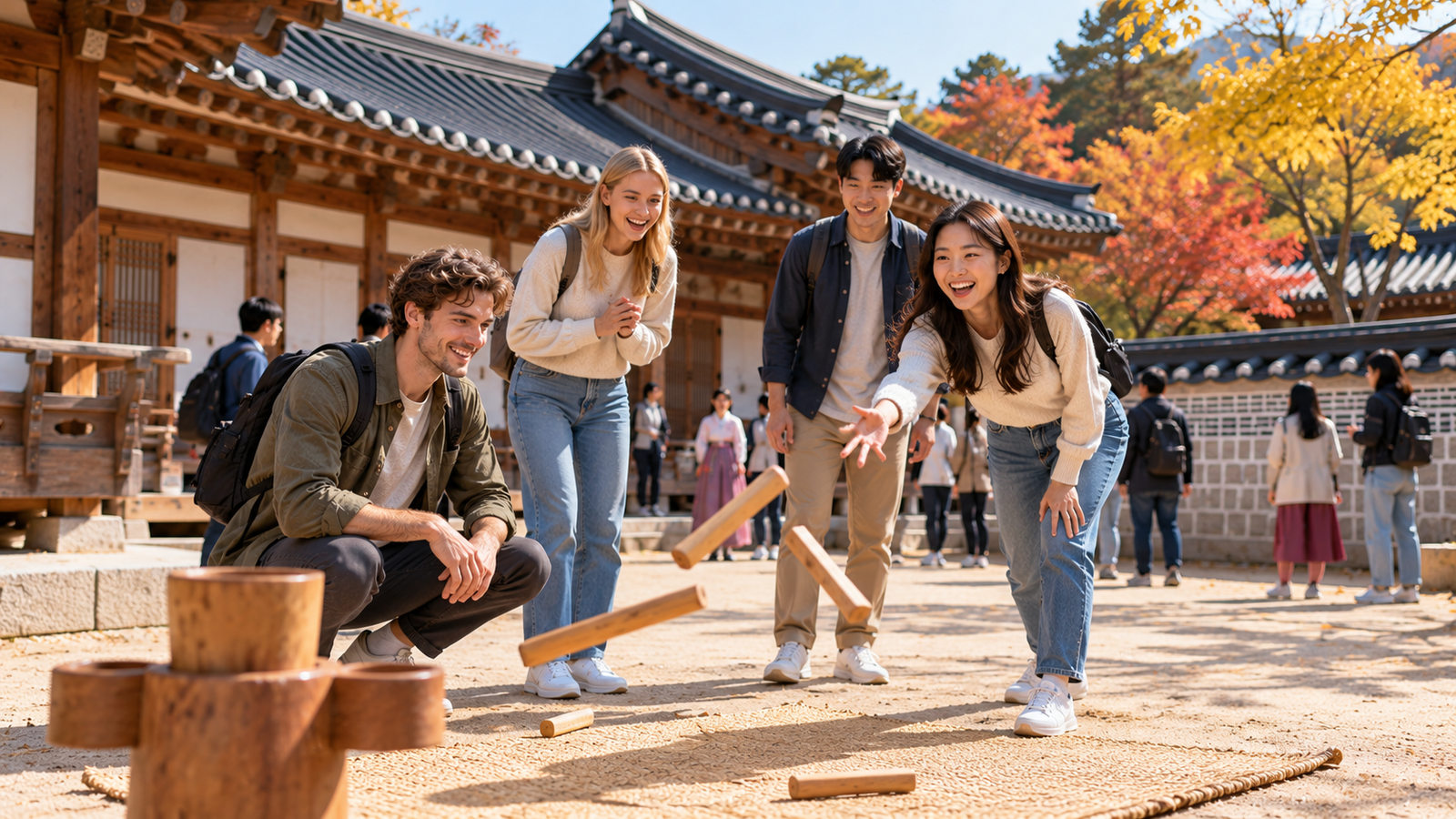 Visitors enjoying a traditional Korean folk game activity at a cultural venue during a holiday.
