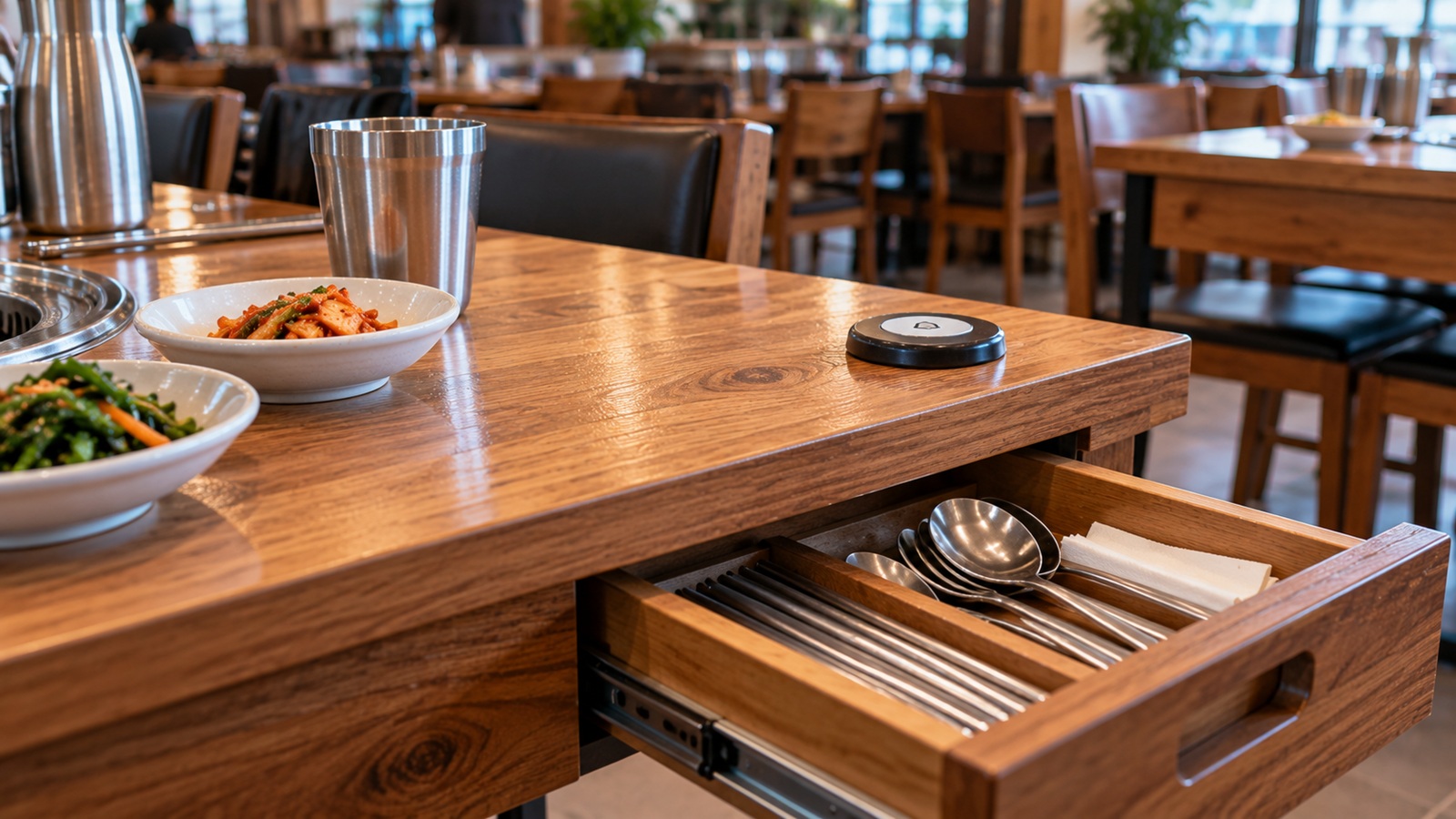 Korean restaurant table with a service call button and drawer of metal chopsticks and spoons.