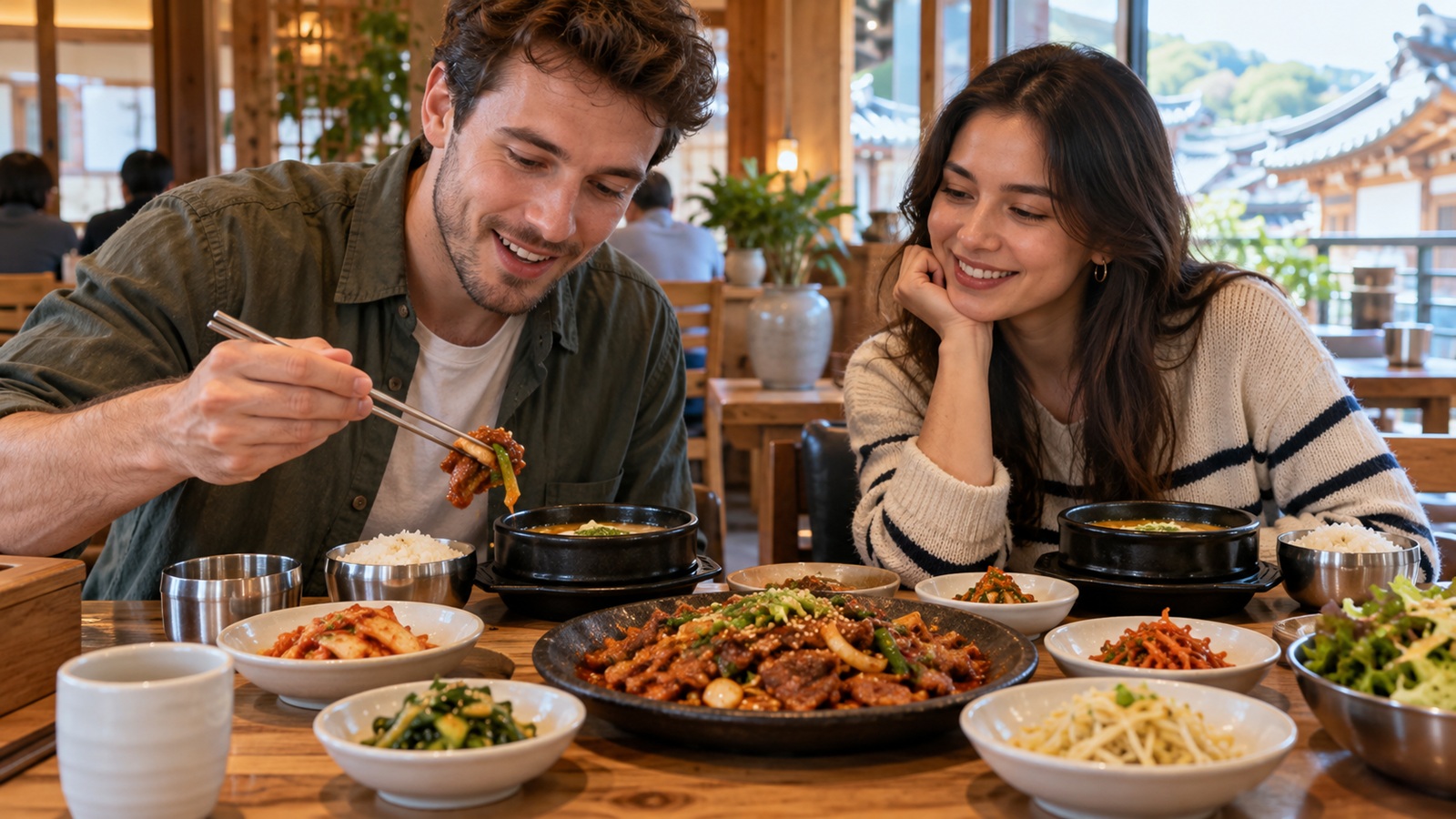 International travelers enjoying a Korean restaurant meal with rice, soup and banchan.