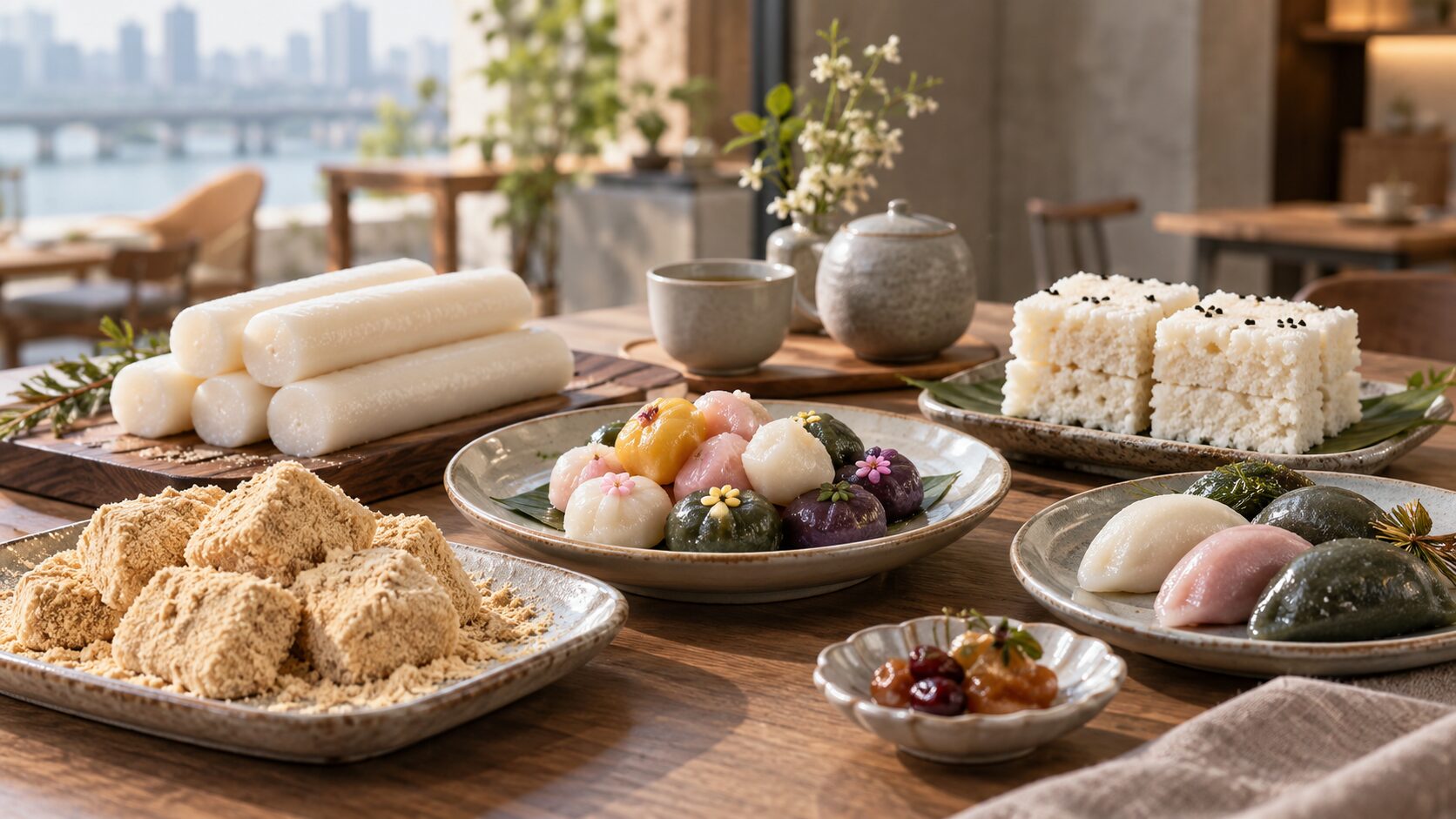 Assortment of traditional Korean tteok rice cakes including injeolmi, garaetteok and songpyeon