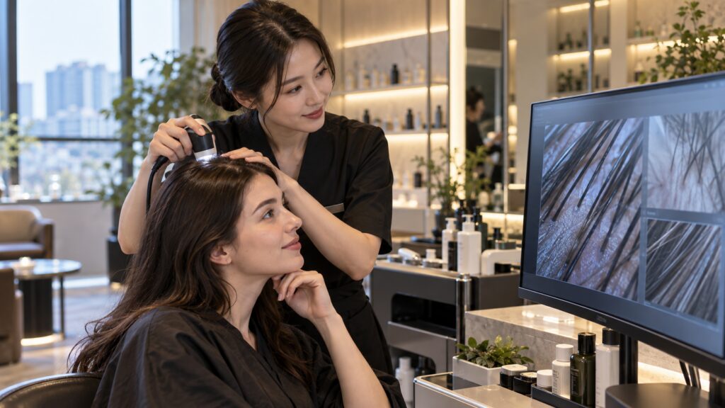 Digital scalp consultation at a Korean hair care studio in Seoul