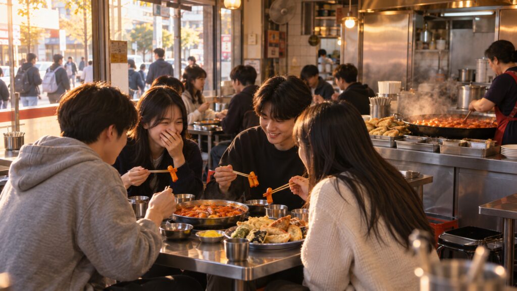 Young people sharing tteokbokki at a neighborhood Korean bunsik shop