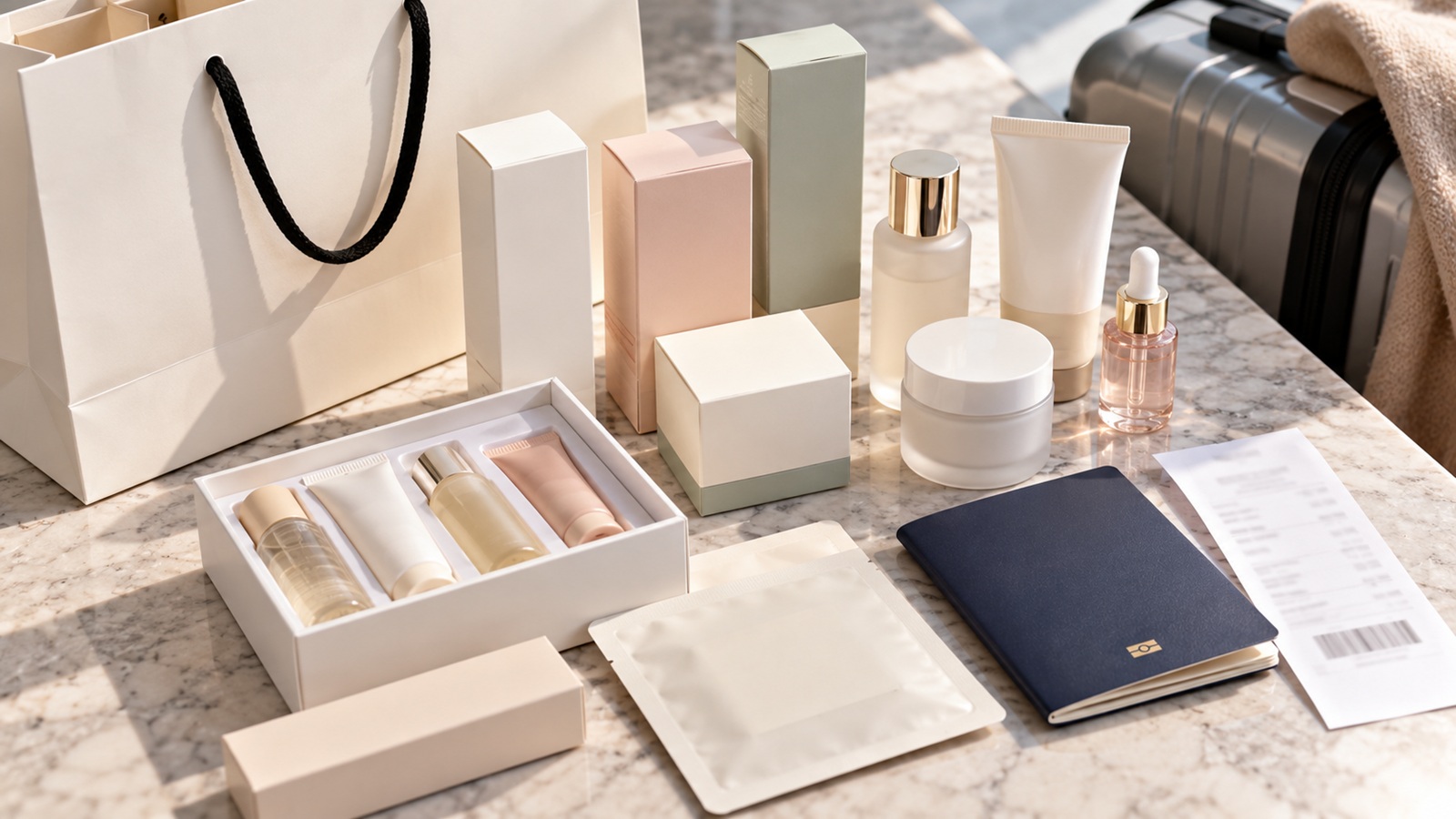 Unbranded Korean skincare products displayed for tourist shopping and tax refund planning.