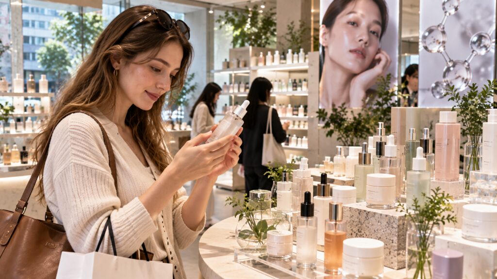 Traveler exploring emerging Korean skincare trends at a beauty store in Seoul