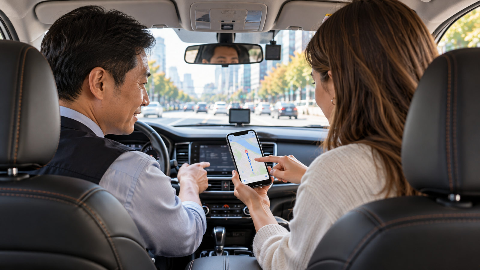 Traveler showing a destination map to a taxi driver in Korea