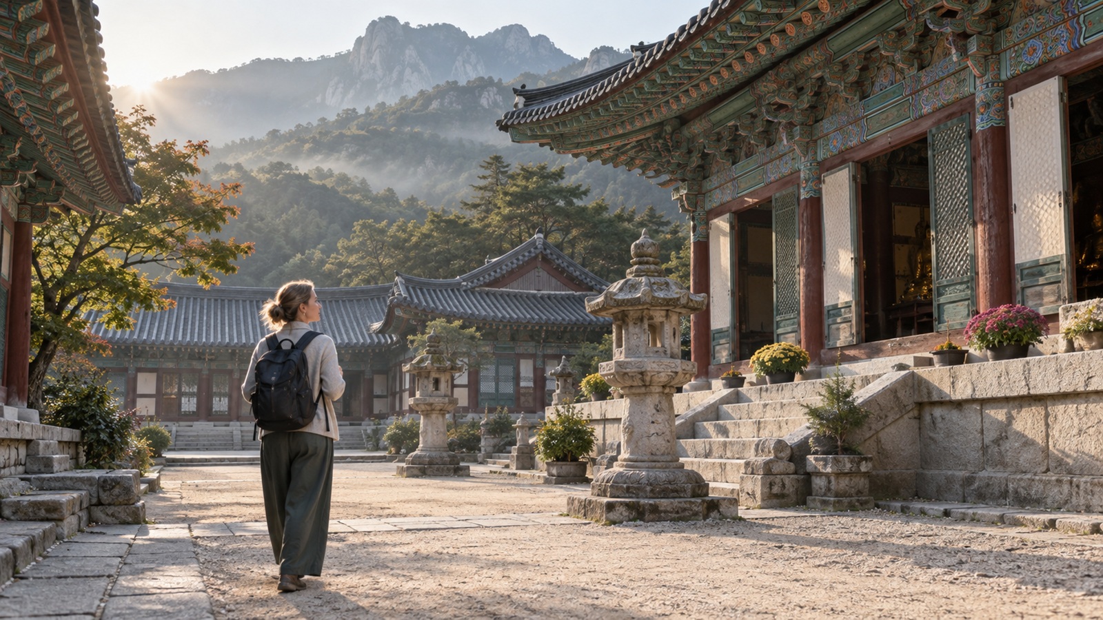 International travelers arriving at a Korean Buddhist temple for a temple stay experience in Seoul.