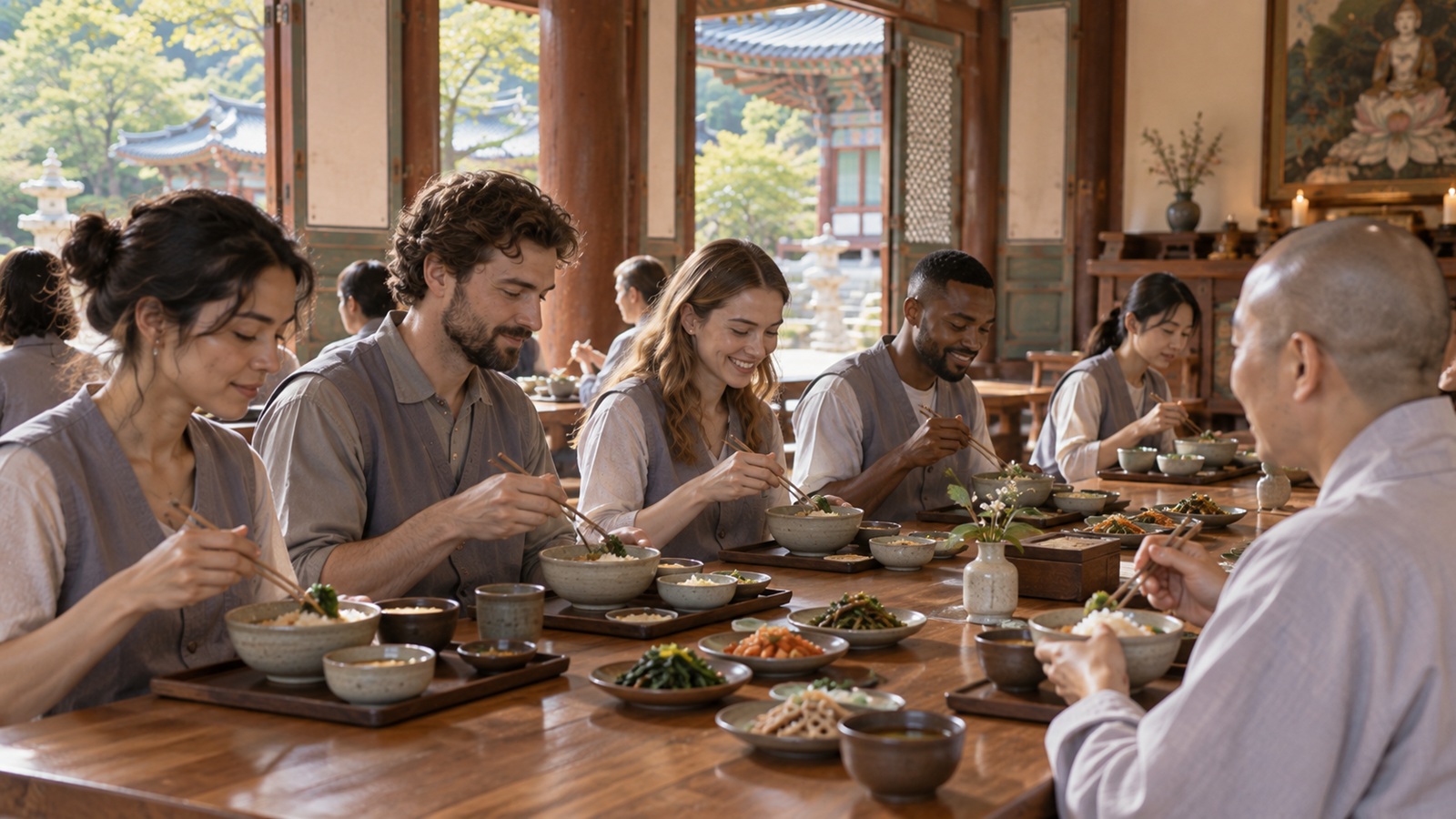 Temple stay participants sharing a simple Korean Buddhist meal