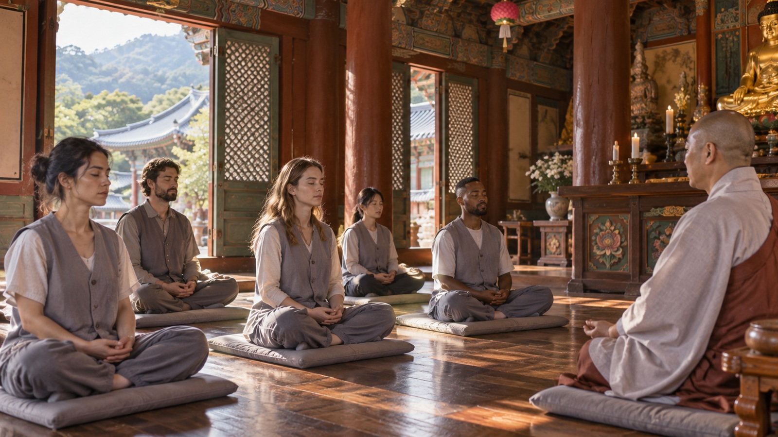 International participants practicing seated meditation during a Korean temple stay