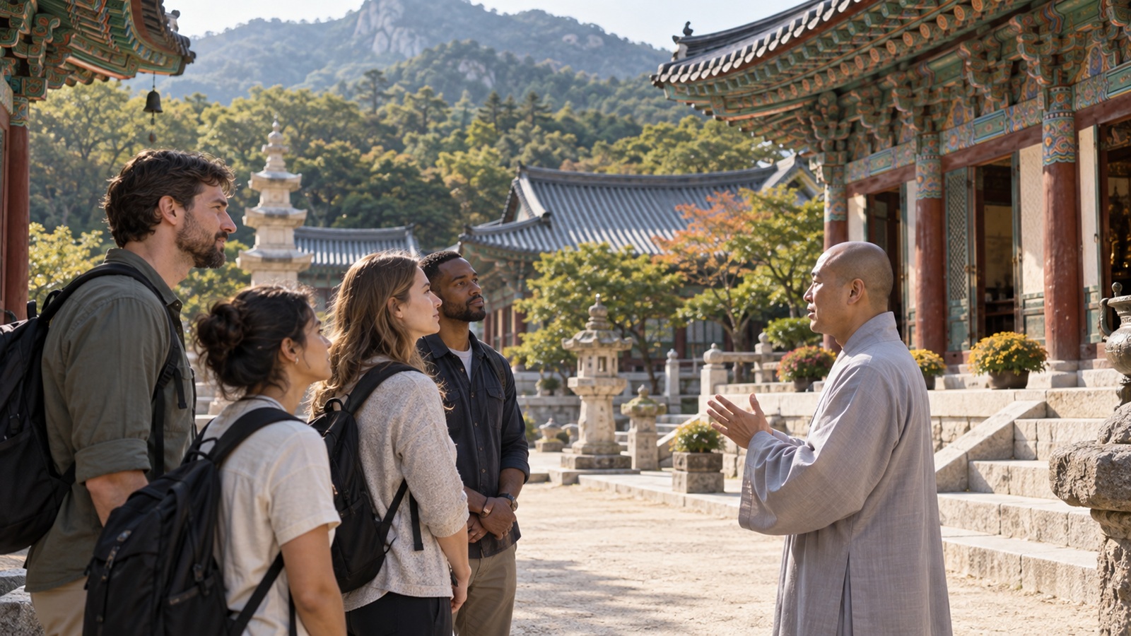 International visitors receiving an orientation in a Korean Buddhist temple courtyard