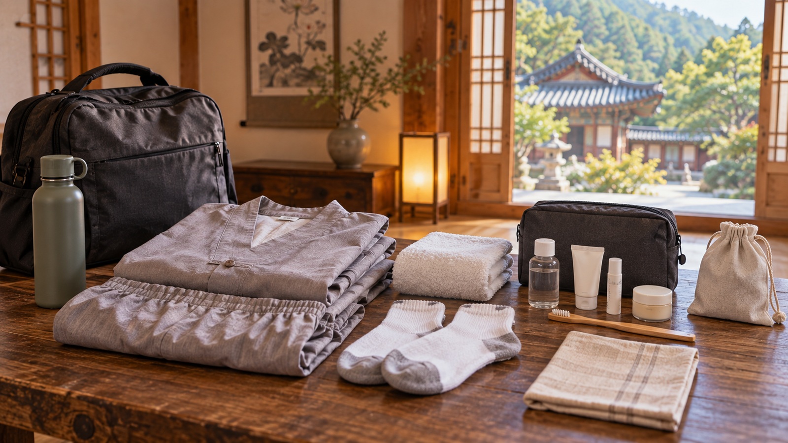Comfortable clothing, socks and toiletries prepared for an overnight Korean temple stay