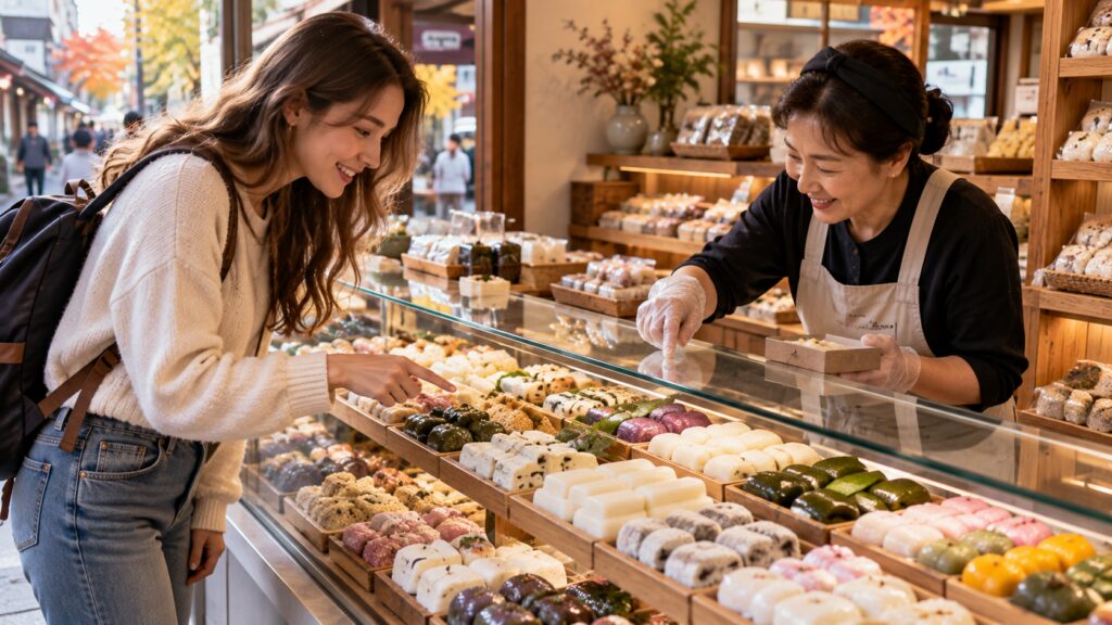 Traveler browsing fresh Korean rice cakes at a neighborhood tteok shop in Seoul