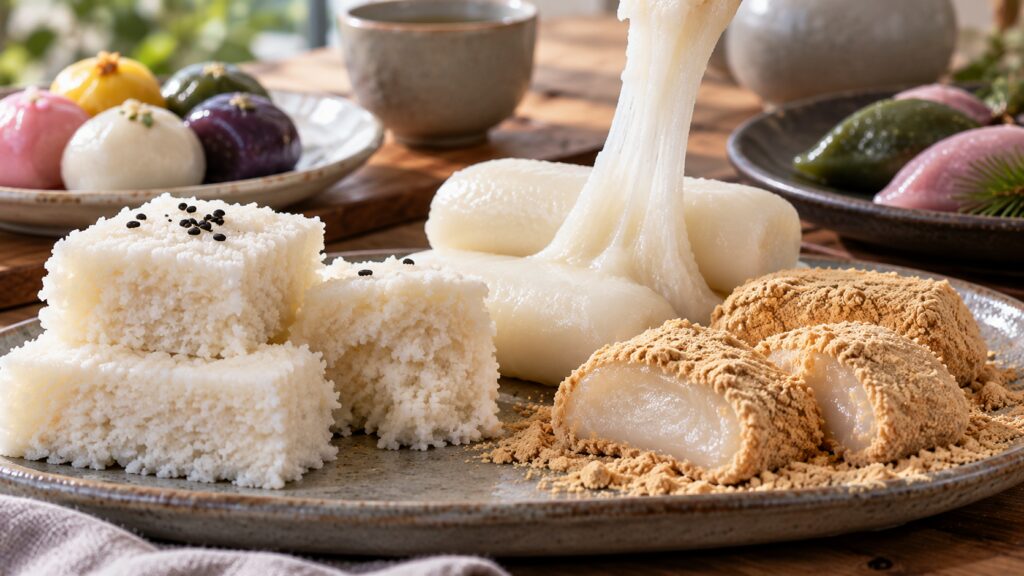 Different textures of Korean tteok from chewy injeolmi to soft steamed rice cake