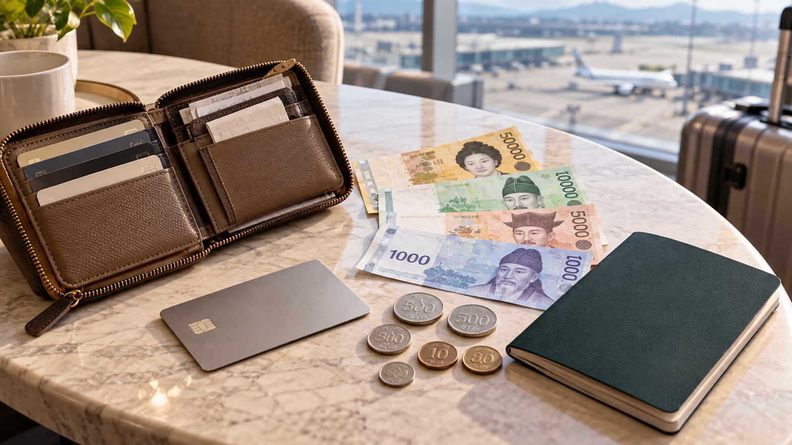 Korean won banknotes and coins beside a travel wallet and bank card